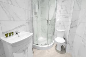 a bathroom with a shower and a toilet and a sink at Sleek and Stylish Converted 1Bed in Old Boiler Factory - Flat 4 in Nottingham