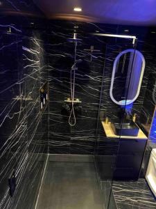 uma casa de banho com um chuveiro de azulejos pretos e um espelho. em Le spa de l’Abbaye - a 15 kms d’Etretat em Fécamp