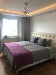 1 dormitorio con 1 cama grande y ventana grande en Vackert nyrenoverad lägenhet, en Estocolmo