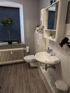 uma casa de banho com um lavatório, um WC e uma janela. em Flensburg Zentrum 50 em Flensburg