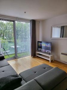 a living room with a couch and a flat screen tv at Elegant City Centre Flat in Leeds