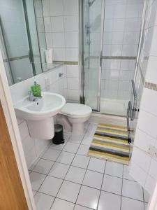 a bathroom with a toilet and a sink and a shower at Elegant City Centre Flat in Leeds