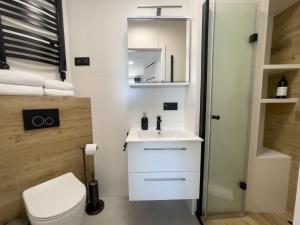 een badkamer met een witte wastafel en een toilet bij URBAN APARTMENTS PREMIUM Baildona 18A with GARAGE in Katowice