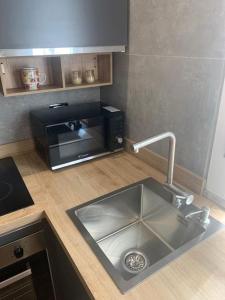 a kitchen counter with a sink and a microwave at Nibu Appartamenti - Appartamento centrale comodo a tutto in Casalecchio di Reno