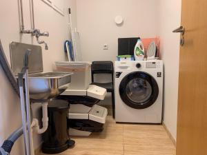 a laundry room with a washing machine and a sink at Laugavegur Penthouse in Reykjavík