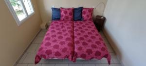 a bed with a pink comforter and blue pillows at Appartement République in Carbonne
