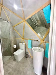 a bathroom with a shower and a toilet and a sink at Гостиничный комплекс Be Fine in Besqaynar
