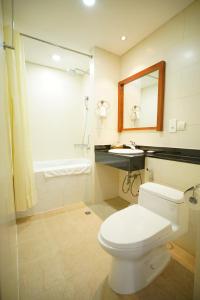 胡志明市的住宿－Lancaster Lê Thánh Tôn，一间带卫生间、水槽和镜子的浴室