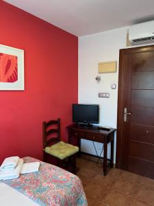 um quarto com uma cama e uma secretária com uma televisão em HOSTAL TREVELEZ em El Ejido