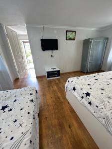 1 dormitorio con 2 camas y TV en la pared en BANI tsikhisdziri, en Tsikhisdziri