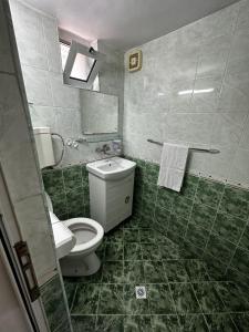 uma casa de banho com azulejos verdes, um WC e um espelho. em Къща Олеандър em Ivajlovgrad