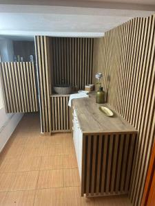 uma cozinha com um balcão e um lavatório num quarto em Sebe apartments 1 em Holíč