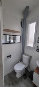 een witte badkamer met een toilet en een raam bij Appart hypercentre Château-Thierry aux portes de Paris et de la Champagne in Château-Thierry