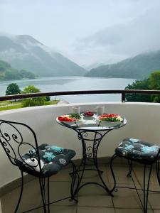 a table and two chairs on a balcony with a view at Zora Apartment in Plužine