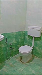 Un baño verde con inodoro y lavabo. en Shree Shivaay Guest House, en Ujjain