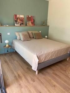 a bed in a bedroom with a wooden floor at Maison proche du pic Saint Loup in Saint-Jean-de-Cuculles +18 photos
