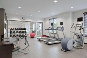 een fitnessruimte met loopbanden en machines in een kamer bij Hilton Garden Inn Springfield, MA in Springfield