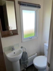 a bathroom with a sink and a toilet and a window at luxury caravan in Tattershall