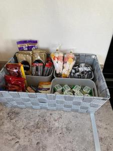 a basket filled with food and other food items at luxury caravan in Tattershall