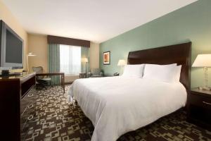 a hotel room with a bed and a flat screen tv at Hilton Garden Inn Cartersville in Cartersville