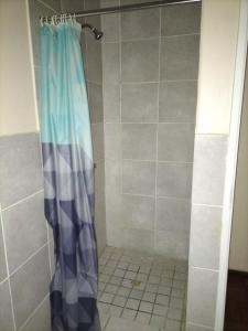 La salle de bains est pourvue d'une douche avec un rideau de douche bleu. dans l'établissement Despatch Self Catering Apartments, à Despatch