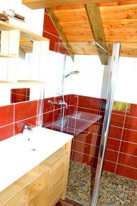 a bathroom with a sink and a shower with red tiles at L'Ecrin des Granges-Le Roc in Villarembert