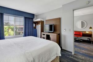 a hotel room with a bed and a desk and a television at Hampton Inn & Suites Santa Ana/Orange County Airport in Santa Ana