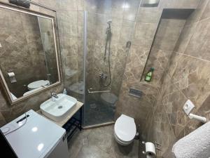 a bathroom with a shower and a toilet and a sink at Royal Plaza Apartment -10A in Tbilisi City