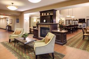 salon z kominkiem, stołem i krzesłami w obiekcie Hampton Inn & Suites Chicago/Saint Charles w mieście Saint Charles