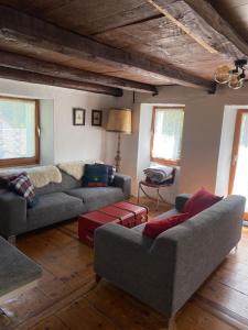 Sala de estar con 2 sofás y mesa en Casa Sonnenberg, en Bosco-Gurin