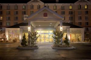 ein großes weißes Gebäude mit Weihnachtslichtern davor in der Unterkunft Hilton Garden Inn Denver Airport in Aurora