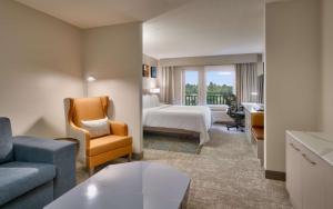 a hotel room with a bed and a couch and a chair at Hilton Garden Inn Idaho Falls in Idaho Falls