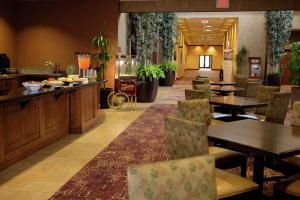 a restaurant with tables and chairs and a bar at Embassy Suites by Hilton Minneapolis North in Brooklyn Center