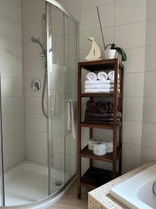 a bathroom with a shower and a towel rack at "TiMia" Nähe Europa Park und Rulantica Rust in Mahlberg