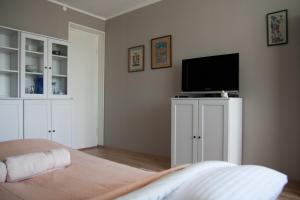1 dormitorio con TV de pantalla plana y 1 cama en Prenzel Apartments - Mai, en Pärnu