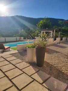 two potted plants sitting on a patio near a pool at Chambre d'hôtes Lobéal in Auriol