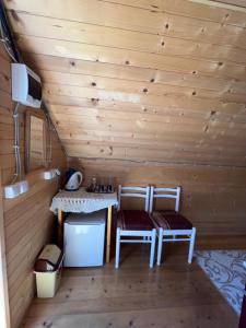 una habitación con 2 sillas y una mesa en una cabaña en Homestay Djerkovic en Žabljak