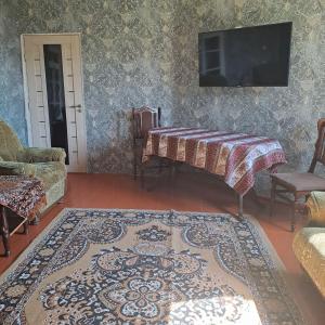 a living room with a rug and a tv on a wall at Eco Guest House Meghradzor in Meghradzor