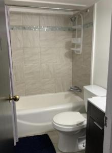 a bathroom with a toilet and a tub and a sink at The Point RV in Townville