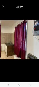 聖拉斐爾的住宿－Deptos Av Moreno，浴室设有水槽和红色的淋浴帘