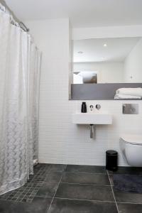 a bathroom with a shower curtain and a toilet at Unique comfortable Apartment in Abbey Wood