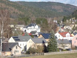 a small town with houses and a mountain at FeWo Ruhe-Insel Musikwinkel in Markneukirchen