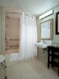 a bathroom with a shower curtain and a sink at DoubleTree by Hilton Santa Fe in Santa Fe