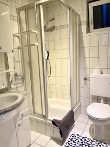 a bathroom with a shower and a toilet and a sink at Casa Giulia in Gleiberg
