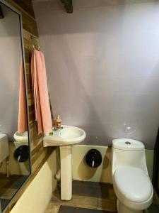 uma casa de banho com um WC branco e um lavatório. em Pozas y Cascadas La Presa em Río Cuarto