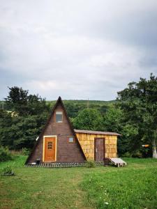 una pequeña casa con una puerta de madera en un campo en Livada Becica, en Cărbunari