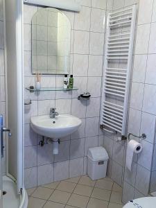 y baño con lavabo, espejo y aseo. en Deutsches Haus Livno, en Livno
