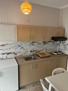 a kitchen with a sink and a white refrigerator at Lafazanis rooms in Nea Vrasna +32 photos