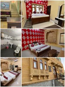 un collage de cuatro fotos de una habitación de hotel en Hotel Golden Night Jaisalmer, en Jaisalmer
