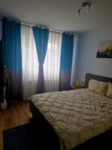 a bedroom with a large bed and blue curtains at Casa Mov in Braşov